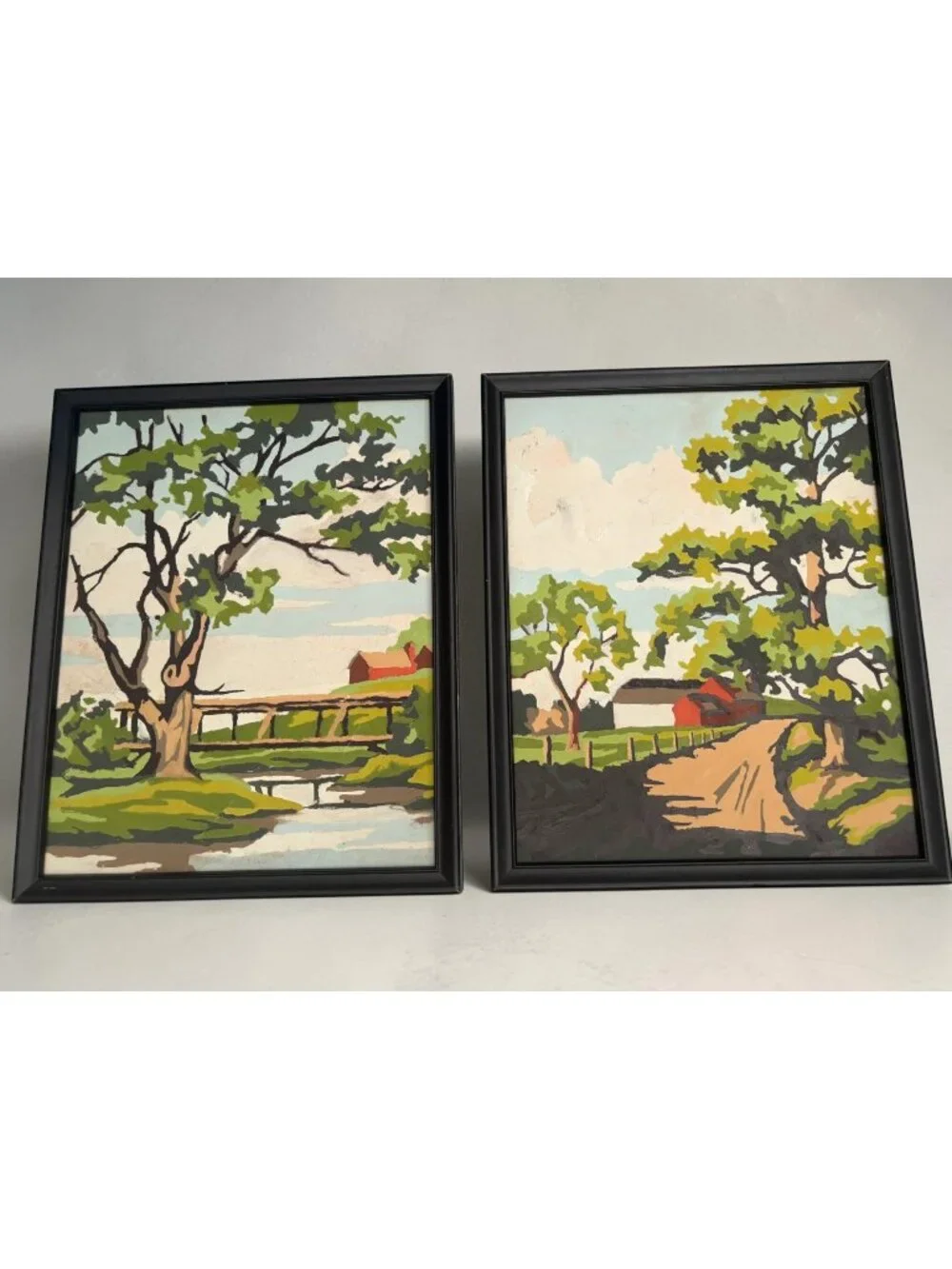 2 Vintage Paint-By-Numbers Framed Farmhouse Landscape Art Pair 9